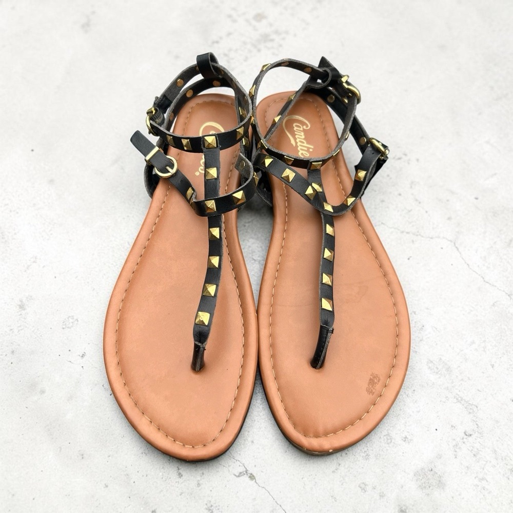 Candie's Black Studded Gladiator Thong Sandals Women's Size 8 Ankle Strap